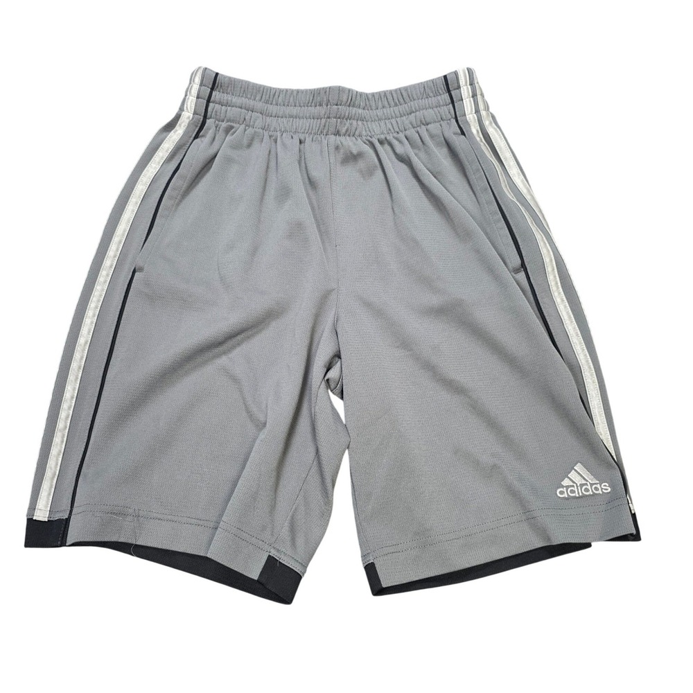 Adidas Mesh Athletic Shorts Boy's Size L 14/16 Gray White Stripes Regular Fit
